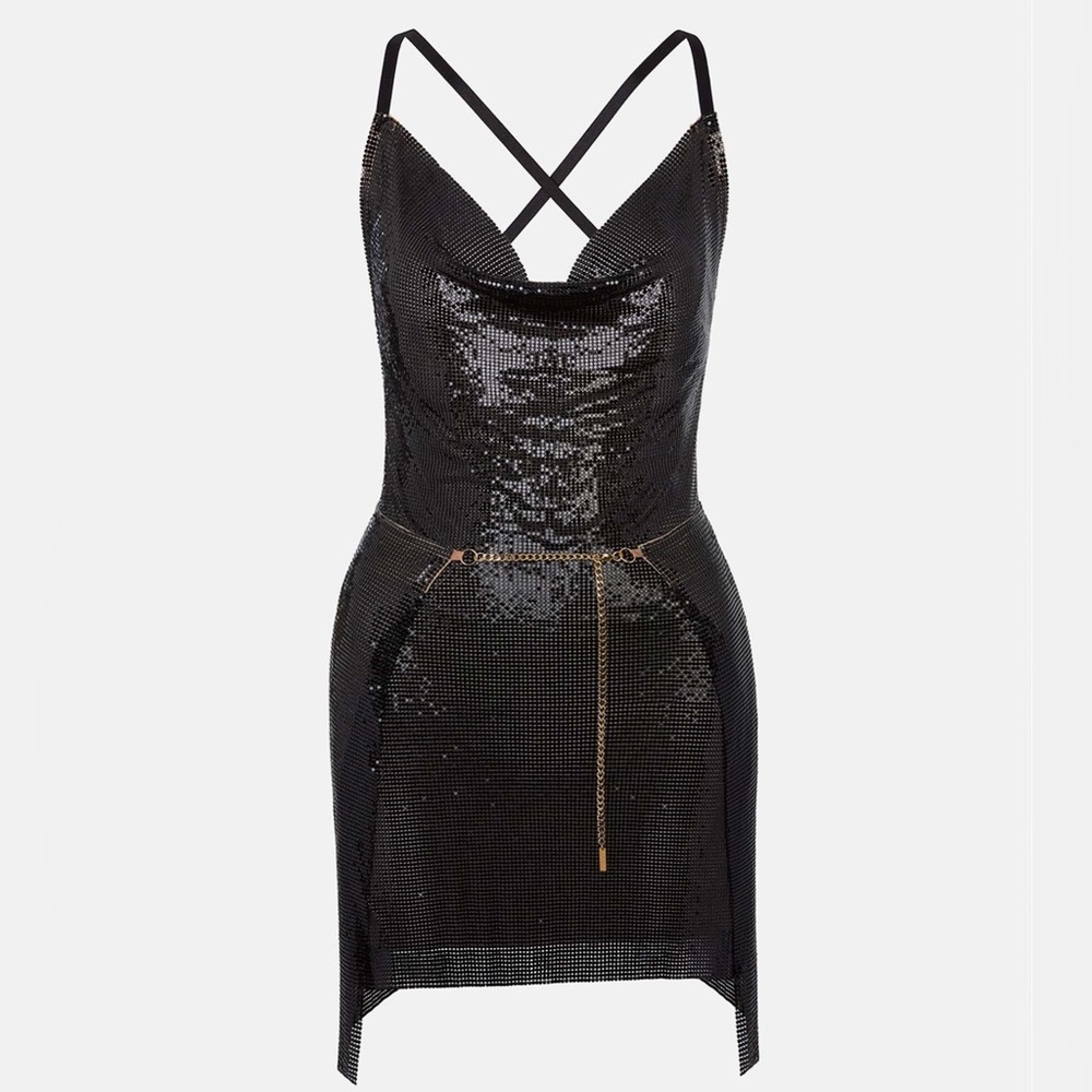 Poster Girl Rhinestone Chainmail Mini Dress Black Adrianne Size Small
